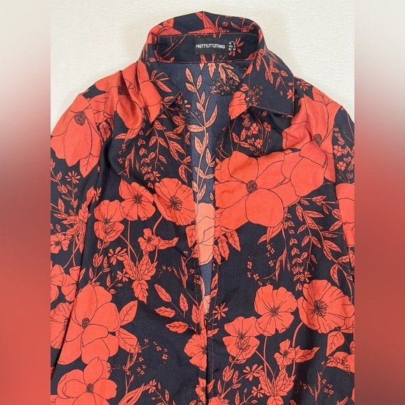 PRETTYLITTLETHING Long Sleeve Deep V Neck Red Floral Oversized Top Size 2 Fall - Picture 12 of 16